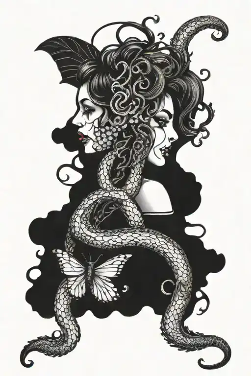 Side Profile Scary Medusa Snakes Butterflies