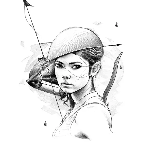 A Detailed Sketch Of A Female Archer Standing Amidst A Thunderstorm