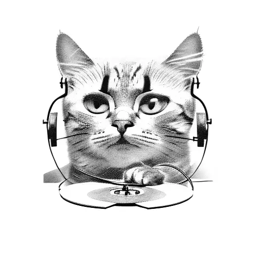 Cat Dj Spinning Vinyl Records With Rock And Metal Album Covers