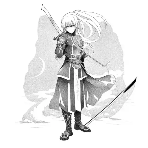 Anime Character Wielding A Sword In A Garden