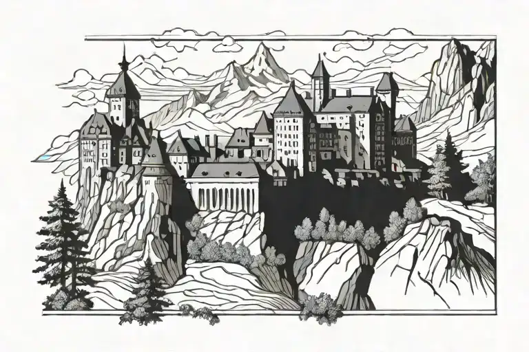 Highly Detailed German Castle Overlooking Mountains