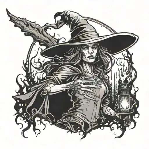 A Tattoo Of A Malicious Witch Casting Spells In A Dark Forest