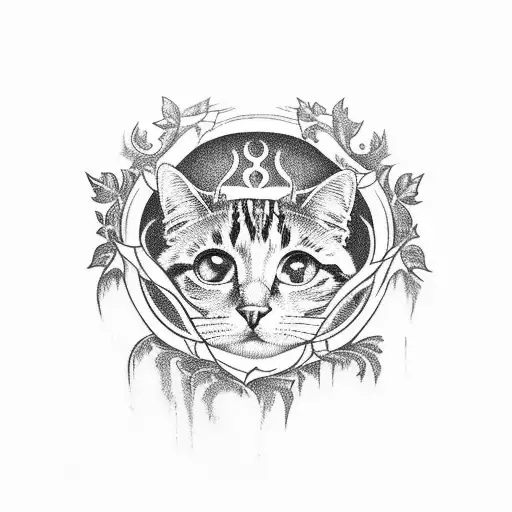 Ornate Window Wrapped In Ivy With Cat Sitting On Ledge