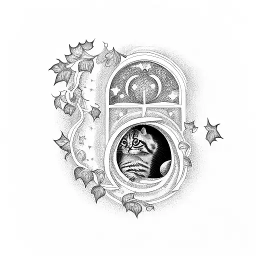 Ornate Window Wrapped In Ivy With Cat Looking Out At Moon And Stars