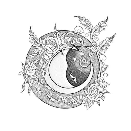 A Blackwork Tattoo Of A Crescent Moon Surrounded By Delicate Vines And Flowers