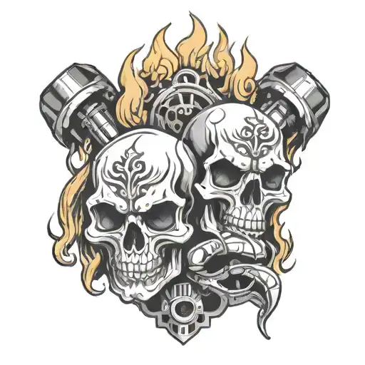 Skull Pistons In Fire Flames