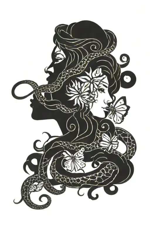 Side Profile Medusa Snakes Butterflies