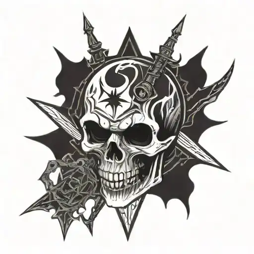 Vampire Skull With Pentagram Integrated Circuitry And A Sword Piercing It