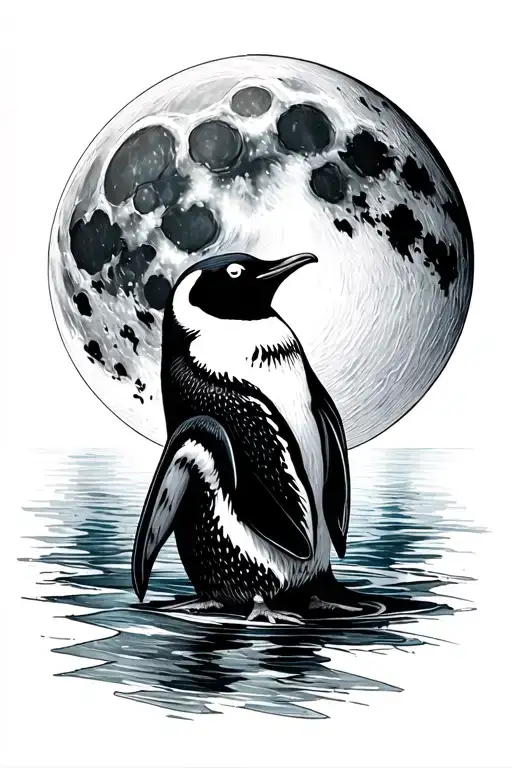 Penguin And A Full Moon And Black