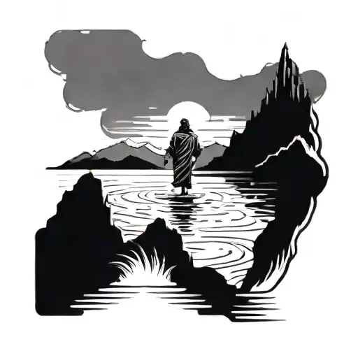 A Stylized Silhouette Of Jesus Walking On Water With A Mountain Backdrop