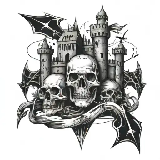 Mid Evil Castle With Skulls An Arrows Below