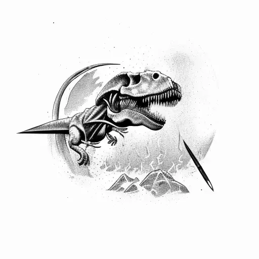 A T-rex Skull With An Open Mouth With A Spear Going Through It