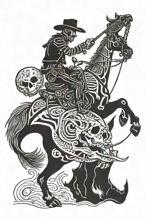 Skeleton Cowboy Riding A Skeleton Horse Lassoing A Skeleton Alligator