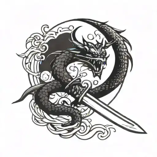 Dragon And Katana Sword With A Moon