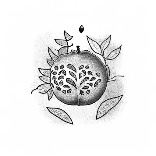 A Dotwork Tattoo Of A Pomegranate Tree With Dark Red Leaves And Fruits