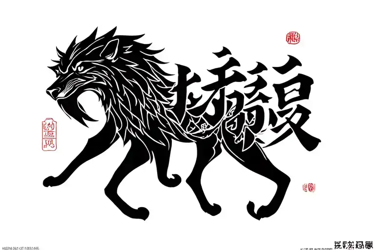 Wolf Linework With Japanese Letters