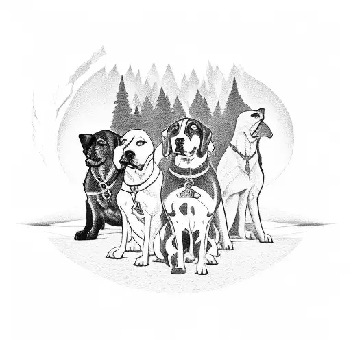 A Group Of Six Protector Dogs Standing Guard At The Entrance Of A Mystical Tunnel