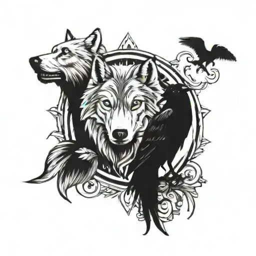 Line Tattoo Of A Wolf And A Raven Viking Style
