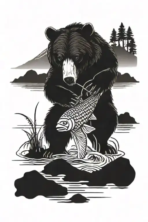 A Detailed Blackwork Tattoo Of A Bear Catching A Fish In A Lake