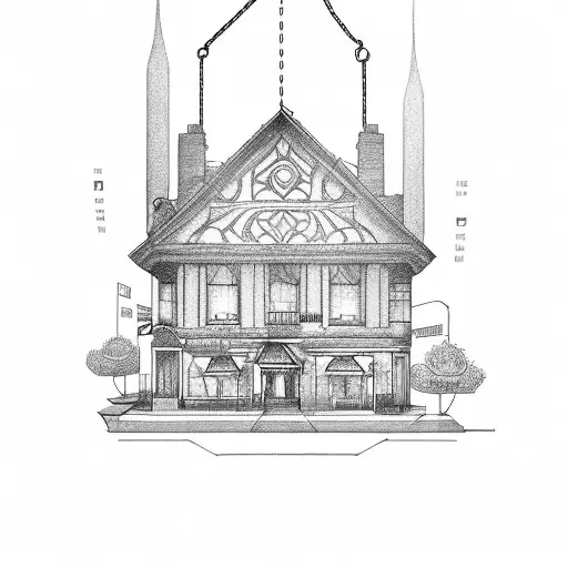 An Intricate Architectural Sketch Of A Coffee Shop With Chains Wrapped Around It