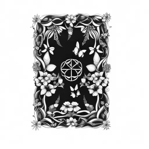 A Black And White Design With Flowers And Butterflies