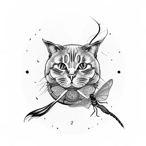 A Cat Sitting On A Skull With A Dragonfly