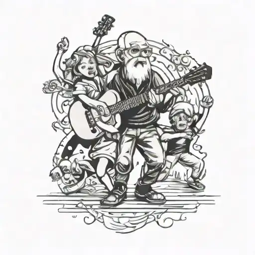 A Tattoo Design Of A Grandparent Playing A Guitar With Their Grandkids Dancing Around Them