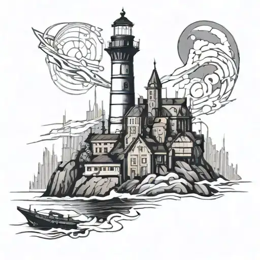 A Futuristic Sci-fi Cityscape With A Towering Lighthouse In The Background