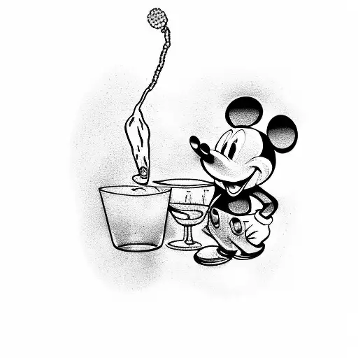 A Mickey Mouse Glove Or Hand Pouring A Cocktail Into A Glass With A Blackwork Background