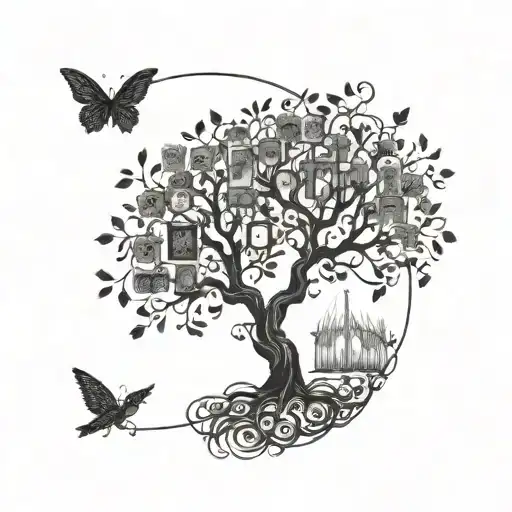 A Detailed Blackwork Tattoo Of A Family Tree Intertwined With Musical Notes