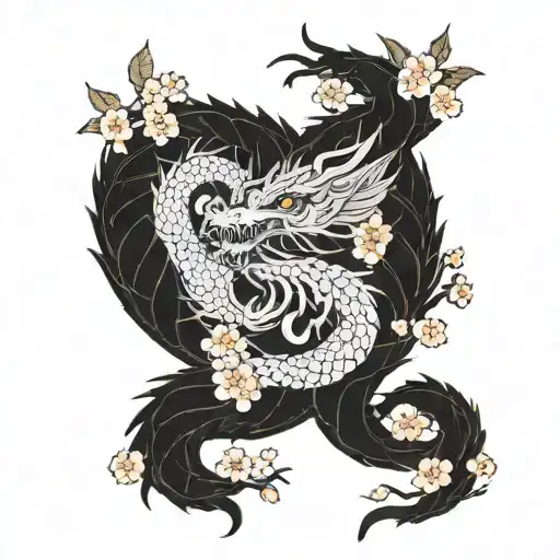 A Majestic Dragon Intertwined With Cherry Blossom Branches Tattoo