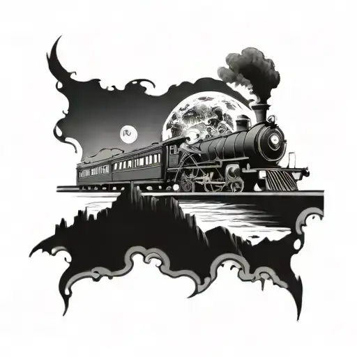 A Train Traveling Through A Surreal Landscape With A Clock Face As The Moon In The Sky