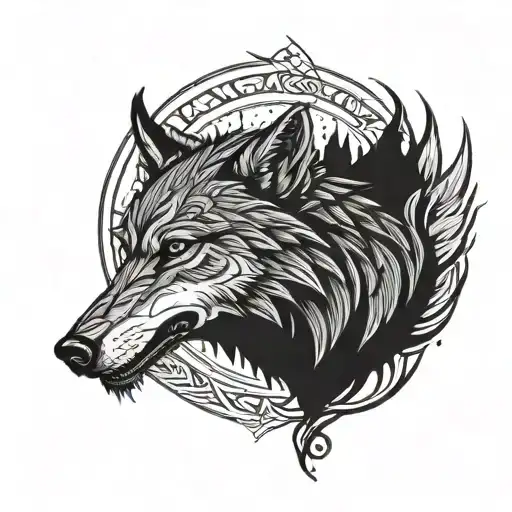 Line Tattoo Of A Wolf And Raven Viking Style