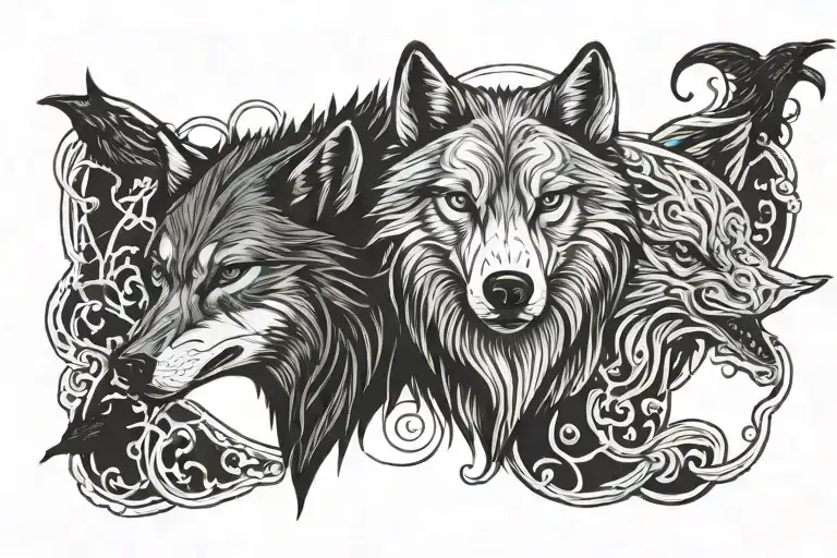 Line Tattoo Of A Wolf And A Raven Viking Style