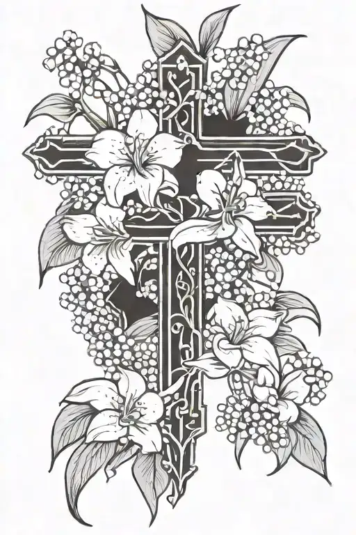 Black And White Cross With Lily Of The Valley Flowers Intertwined