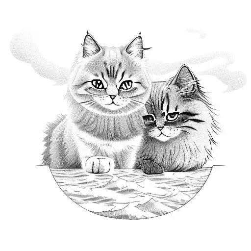 A Fluffy Cat And Girl Sitting Facing The Ocean In Silhouette