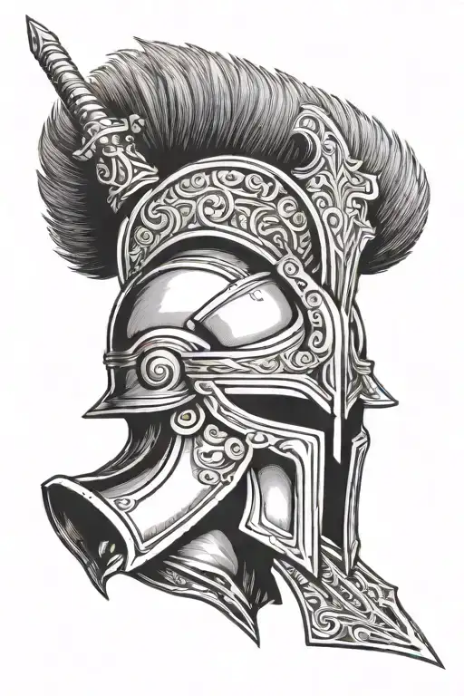 Ares Helmet With Sword In The Background Black And White