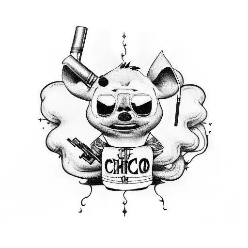 Stich With Sunglasses Dressed As A Mexican Gang Member With Guns In Hands Smoking A Cigarette