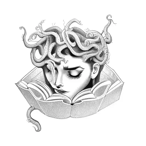 A Fierce Medusa Reading A Book With A Dental Mirror In Hand