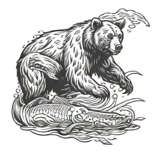 A Bear Catching A Fish In A River While A Firefighter Stands Watch In The Background