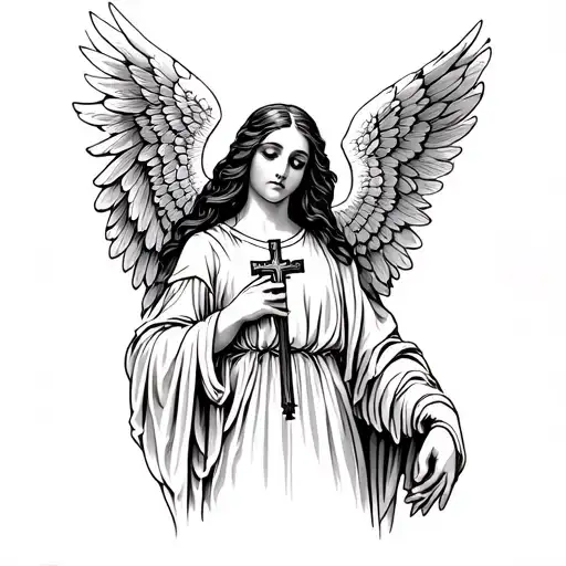Girl In The Guise Of An Angel With A Cross In Her Hand