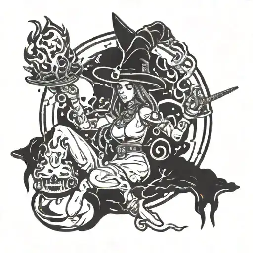 Witch Doctor Woman Floating In Space Near A Fire Place