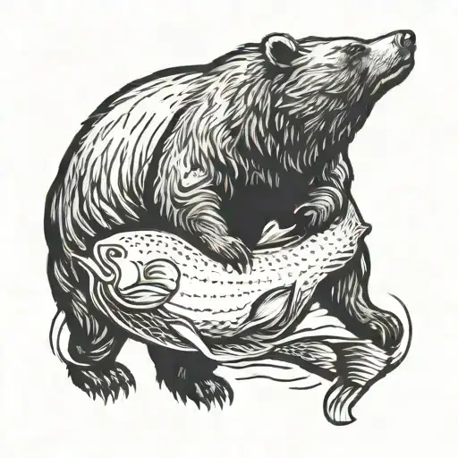 A Detailed Blackwork Tattoo Of A Bear Catching A Fish In A Lake