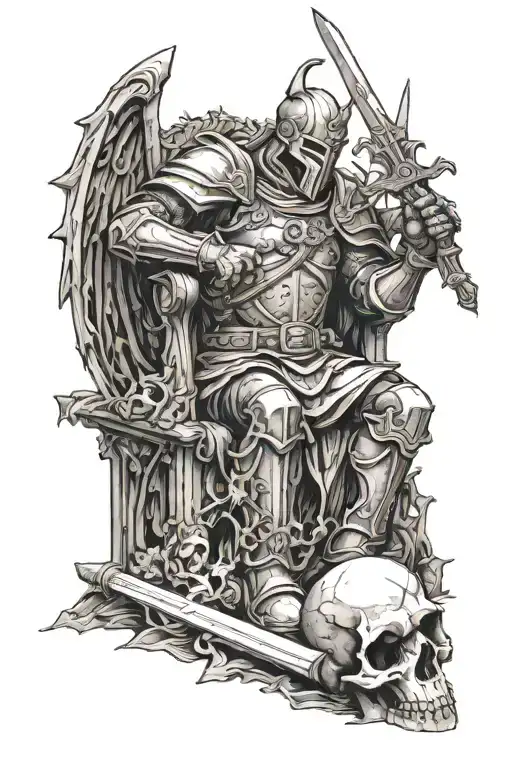 Crusader Knight Stabbing A Sword Into Satans Throne Atop A Pile Of Skulls