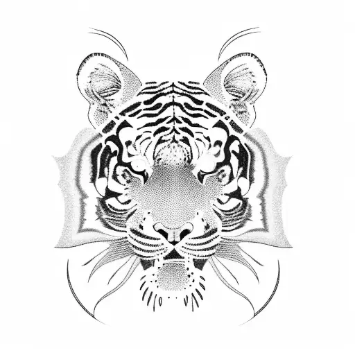 A Majestic Blackwork Tattoo Of A Tiger Surrounded By Vibrant Flowers And Intricate Sacral Geometry