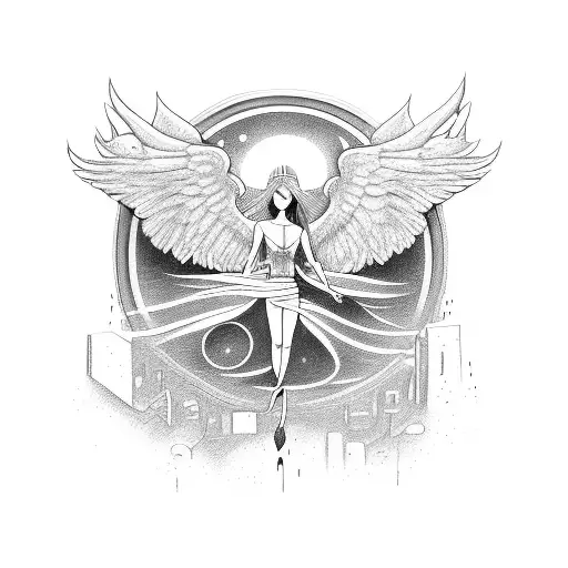 Paradoxical Cityscape With A Fallen Angel Rising From The Depths