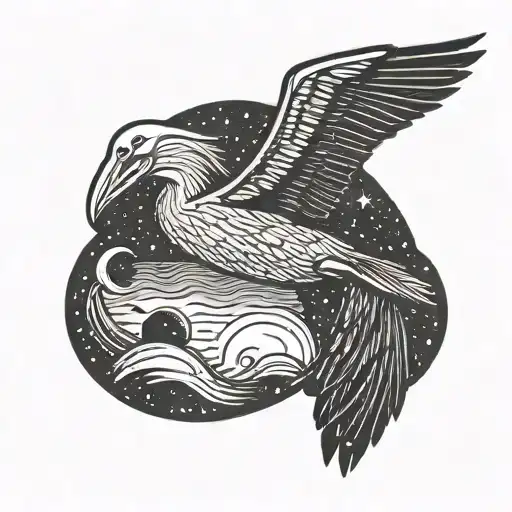 A Pelican Soaring Over A Starry Night Sky With Water Below