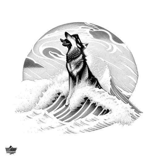 A Majestic Wolf Surfing A Wave In Front Of A Mountain Range