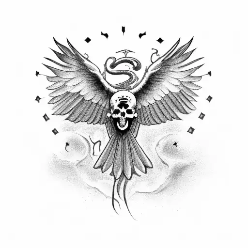 Crow With Open Wings On A Skull With A Snake