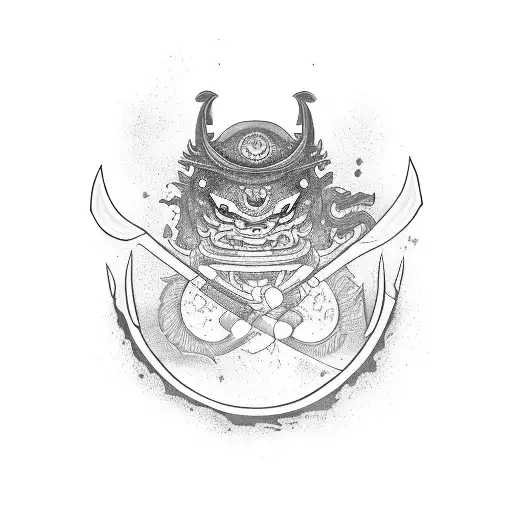 Katana Vertical Con Mascara Oni Y Luna Roja De Fondo